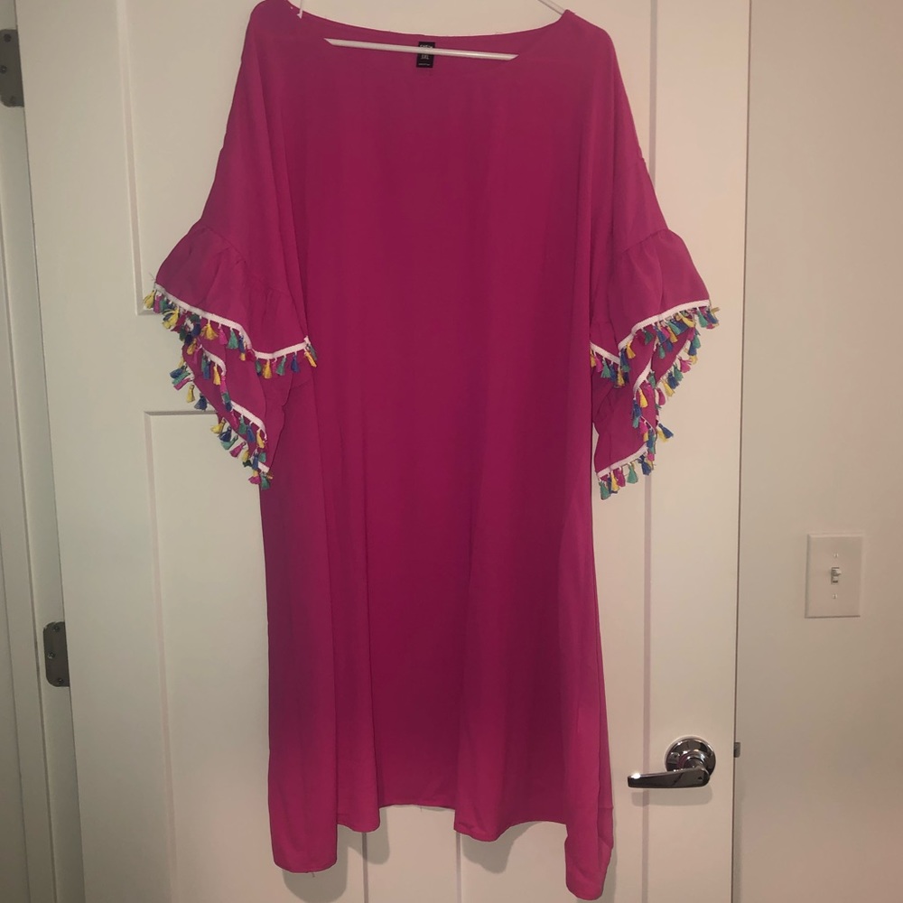 Pink dress with rainbow tassel sleeves